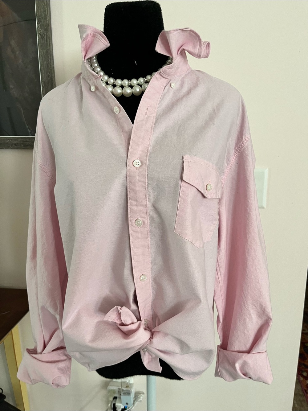 Upcycled J. Crew Pale Pink Button-Down Shirt with Ruffle Collar